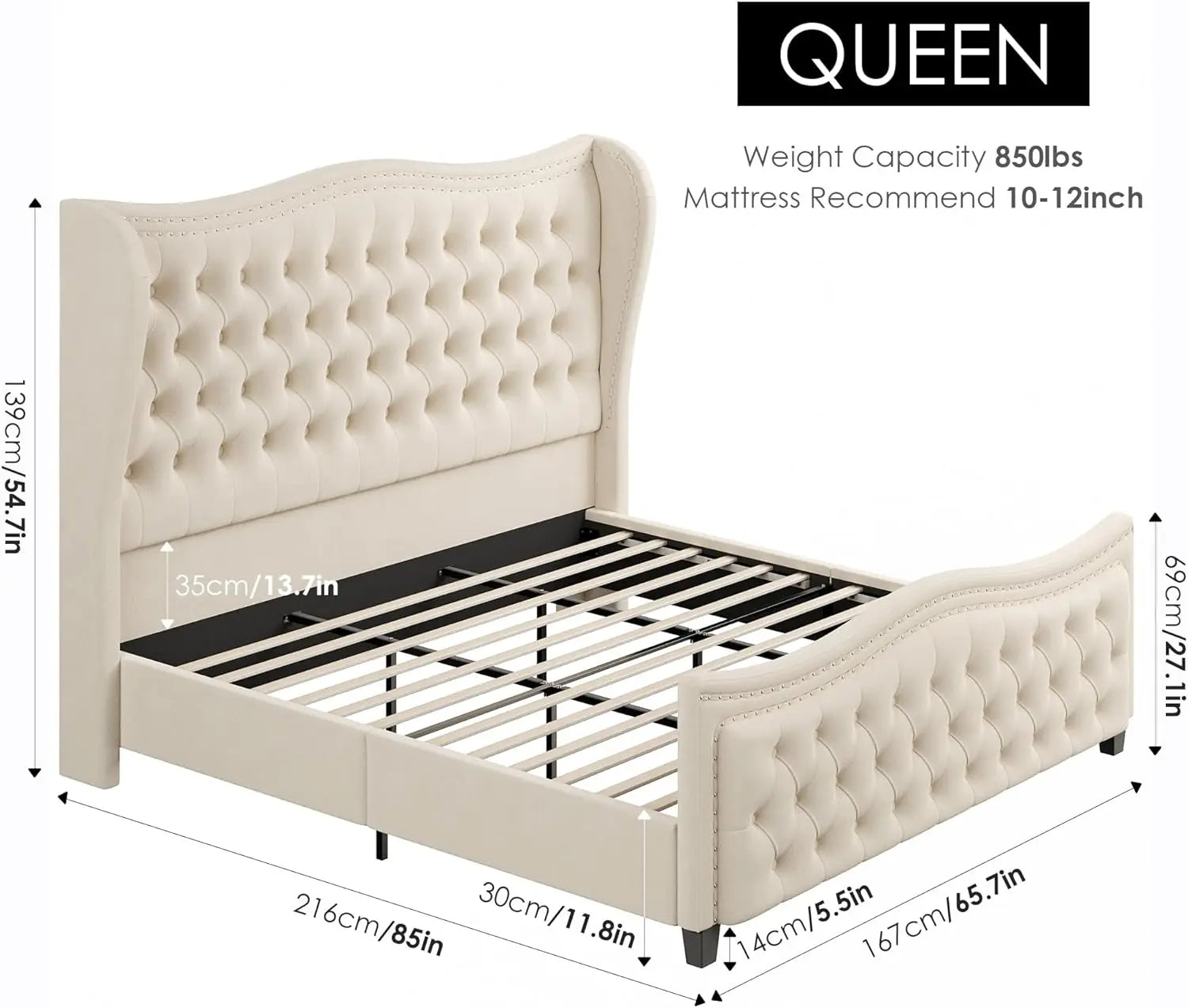 Queen Bed Frame, 55" Headboard Upholstered Bed with Tall Footbaord, Velvet Handmade Pleats Deep Button Tufted Wingback P