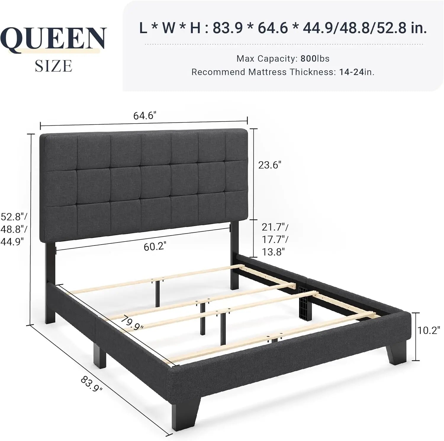 Queen Size Panel Bed Frame with Adjustable Headboard for High Profile/Fabric Upholstered/Square Stitched Padded