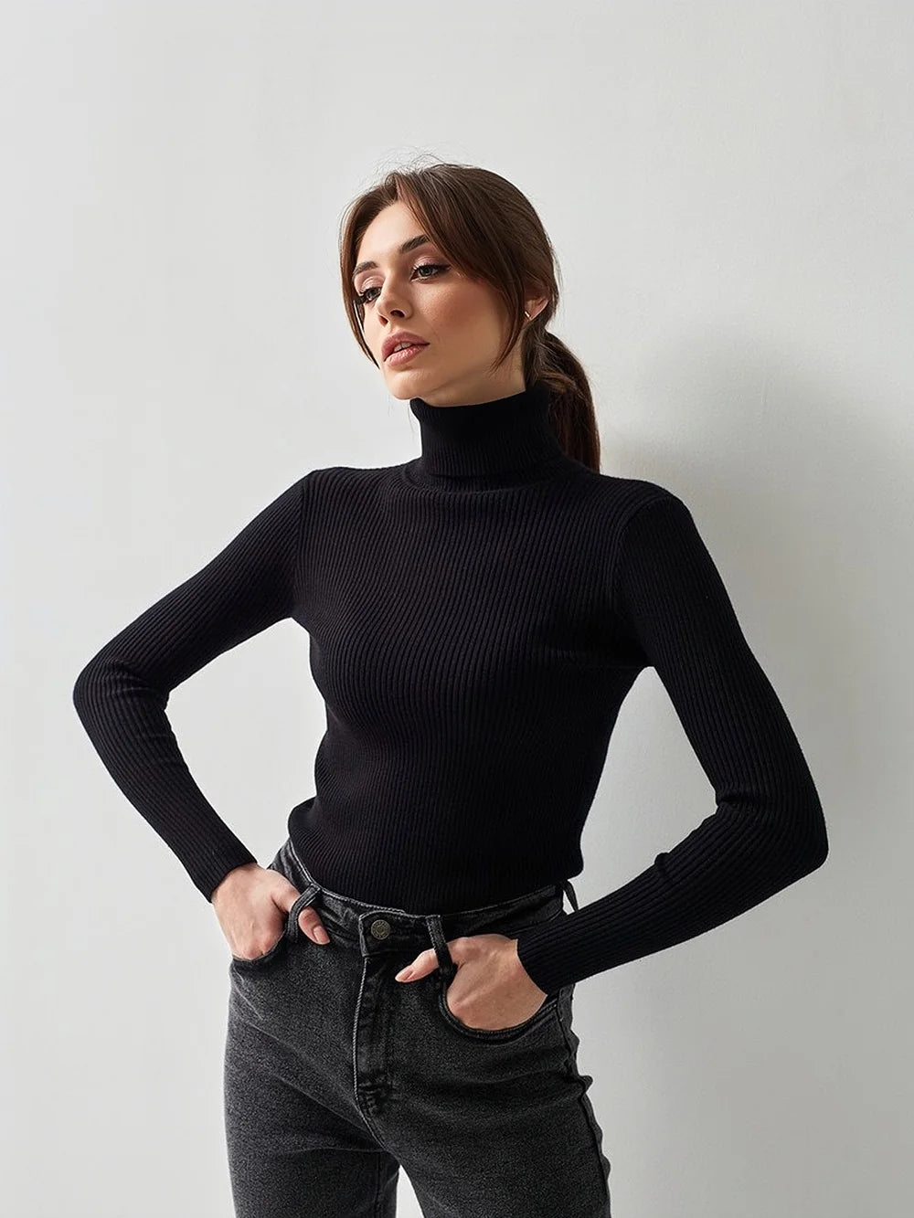 Basic Mock Neck Ribbed Sweaters for Women Cute Sexy Knitted Autumn Winter Warm Fitted Fashion Pullover Sweater