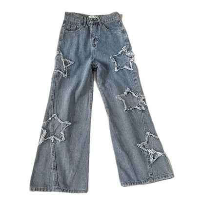 High Waist Straight Leg Loose Fitting Jeans with Stars