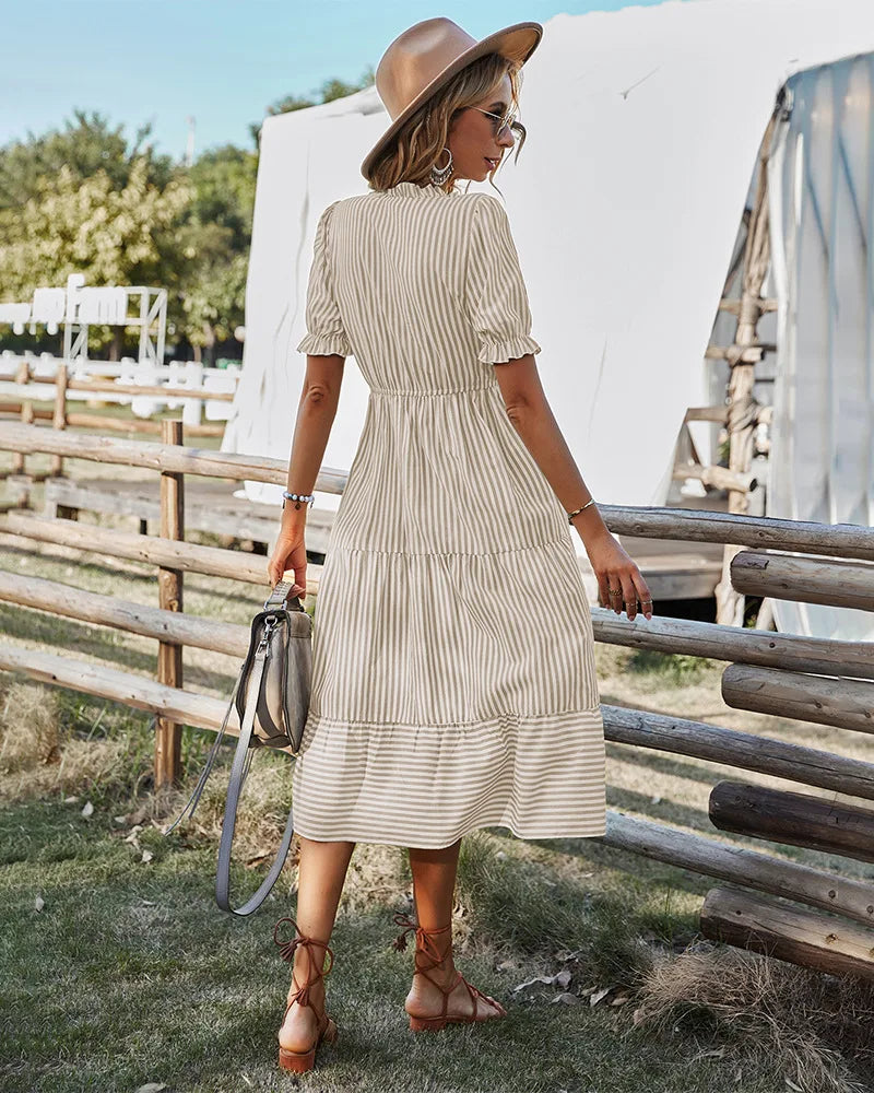 Women Elegant Striped Lantern Sleeve Summer Dress Causal V-neck Button Ruffles Midi Dress 2023 Women Beach Holiday Party Dress