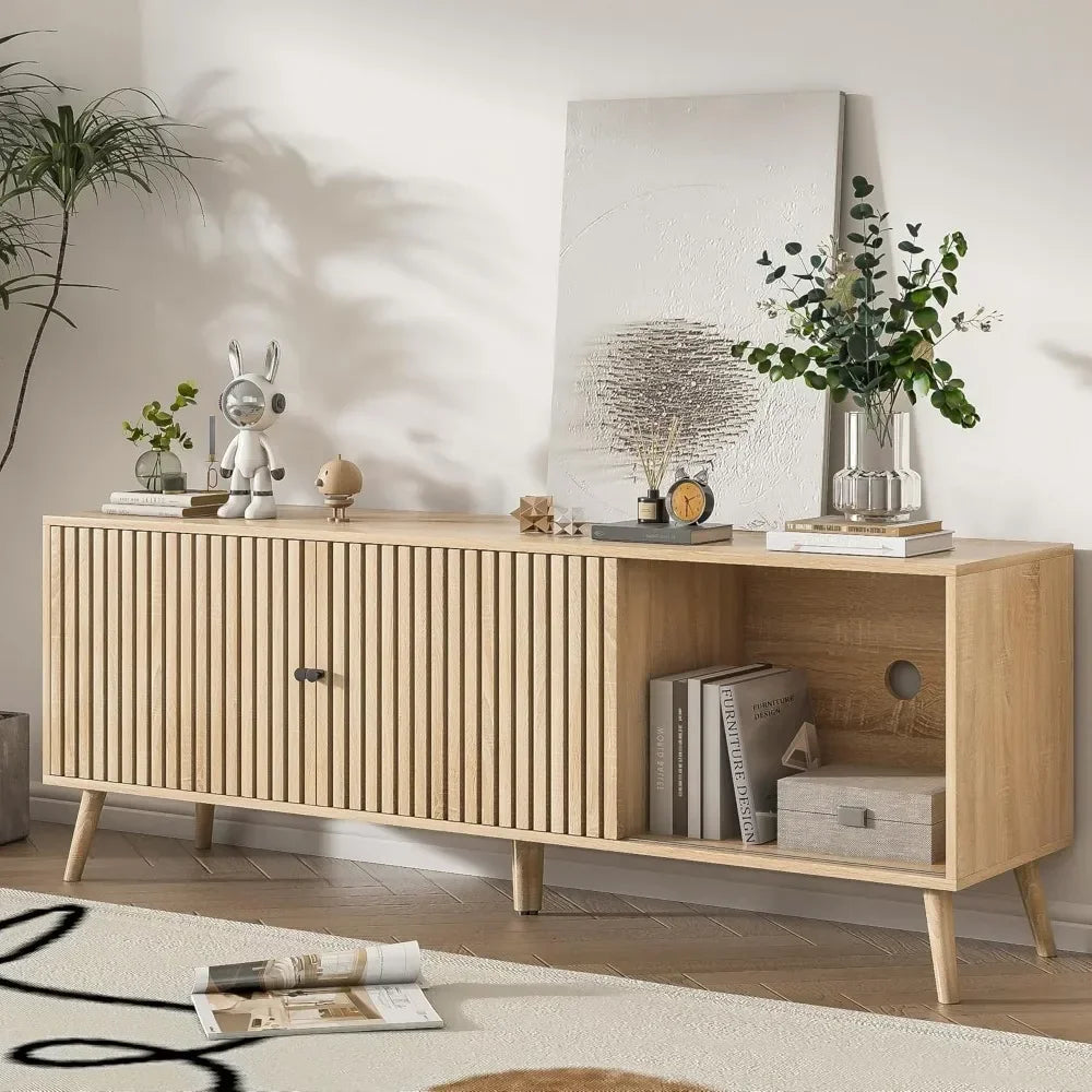 Mid Century Modern TV Stand for Televisions , with Sliding Doors and Storage, Television Stands, TV Consoles,
