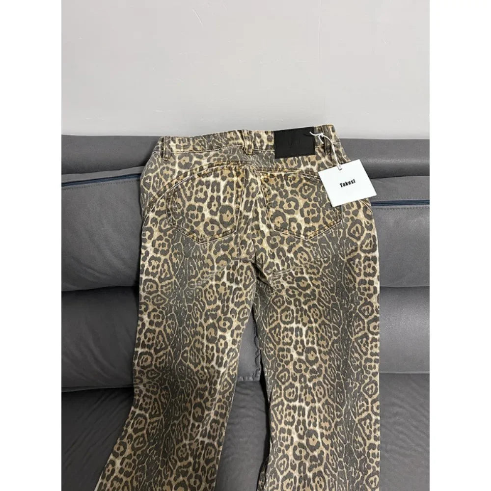 American Retro Leopard High Waist Baggy Jeans Women's Casual Pockets Hip-hop Pants 2024 Spring Y2K Oversiz Panther Denim Trouser