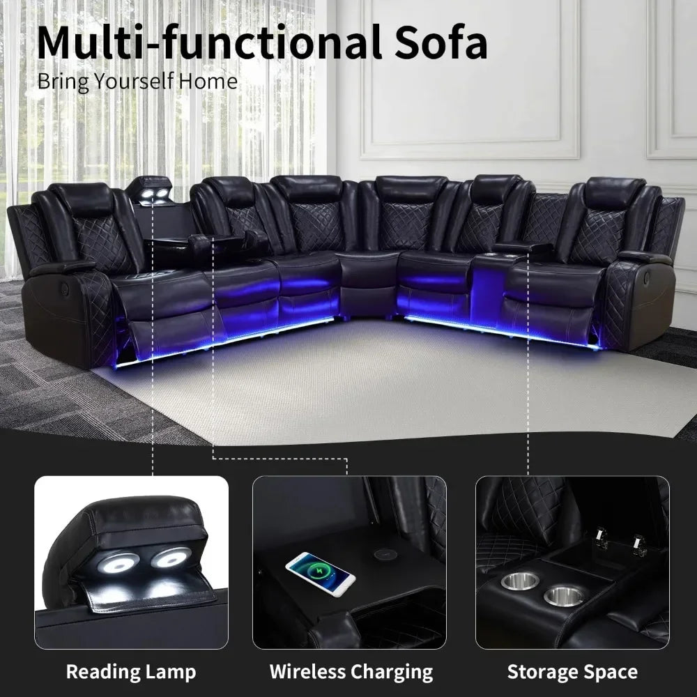 Recliner Sofas, Power Recliner Sofa Sectional Couches with LED, Leather Reclining Corner Sectional Sofa Set, Sofa Reclinable