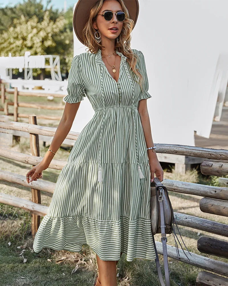 Women Elegant Striped Lantern Sleeve Summer Dress Causal V-neck Button Ruffles Midi Dress 2023 Women Beach Holiday Party Dress