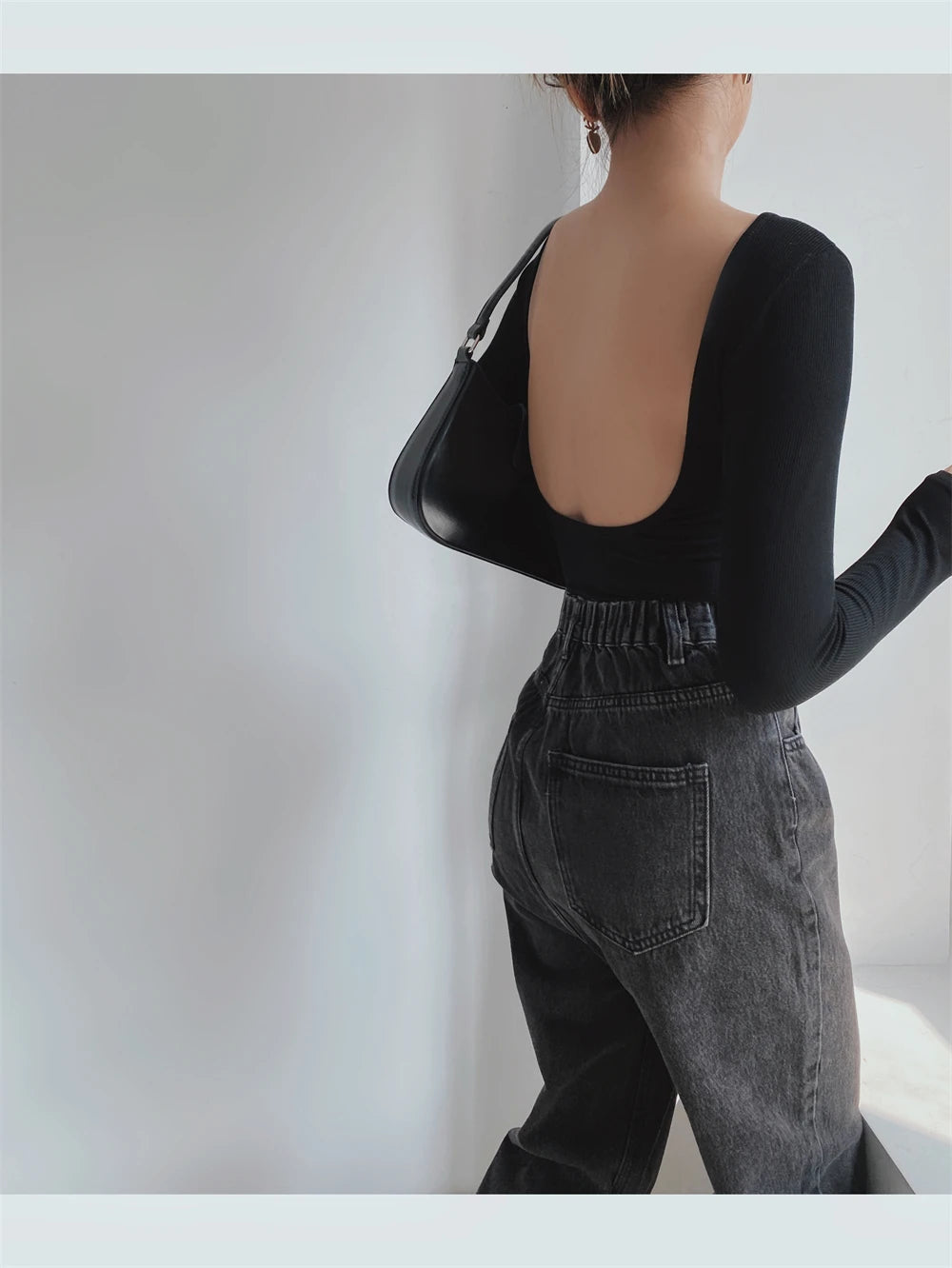 Women's Sexy Clothing Long-sleeve Solid Color Pullover One-Line Neck Backless Bodysuit Knitted Jumpsuit Top