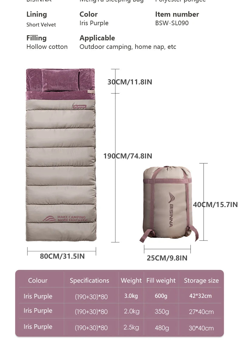 BISINNA Portable Camping Sleeping Bag Lightweight Short Velvet Cotton Winter Sleeping Bag With Pillow Outdoor Traveling Hiking