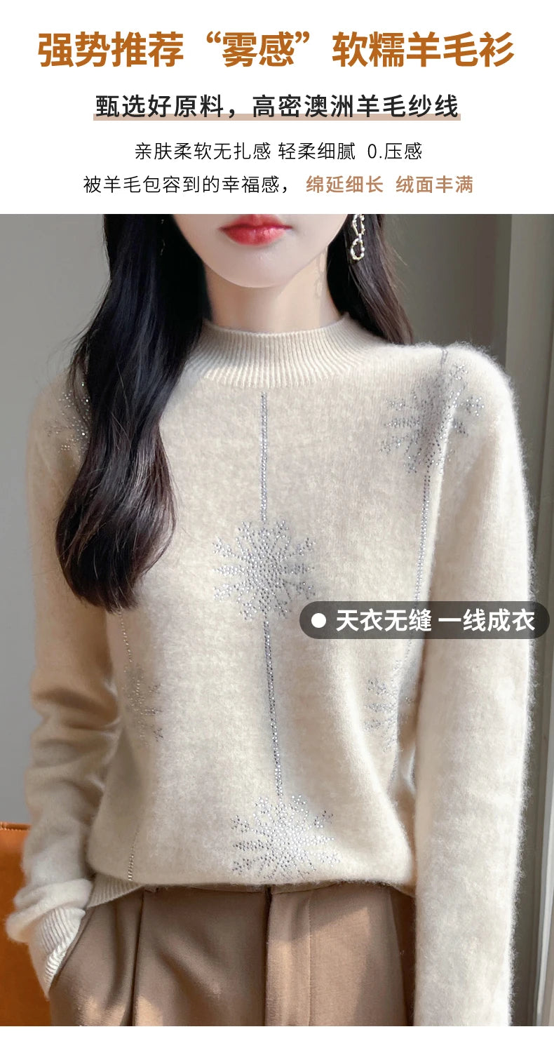 Diamond 100% Merino Wool Sweater 2024 New Women's Fashion Autumn/Winter Warm Hoodie Elegant Half High Collar Jumper Knitted Top