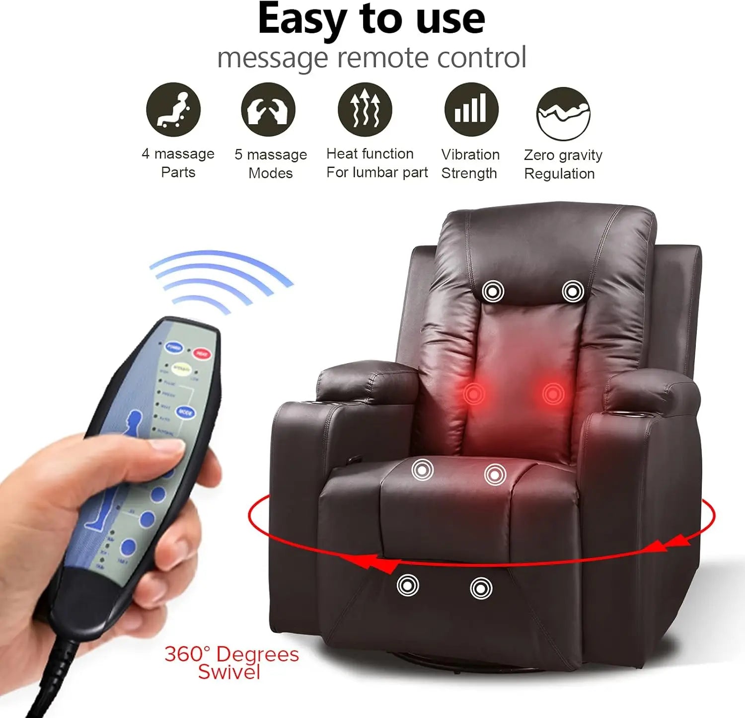 Recliner Chair, PU Rocking Chair for Adults, Swivel Recliner with Cup Holders, Heat and Massage, Single Sofa Seat