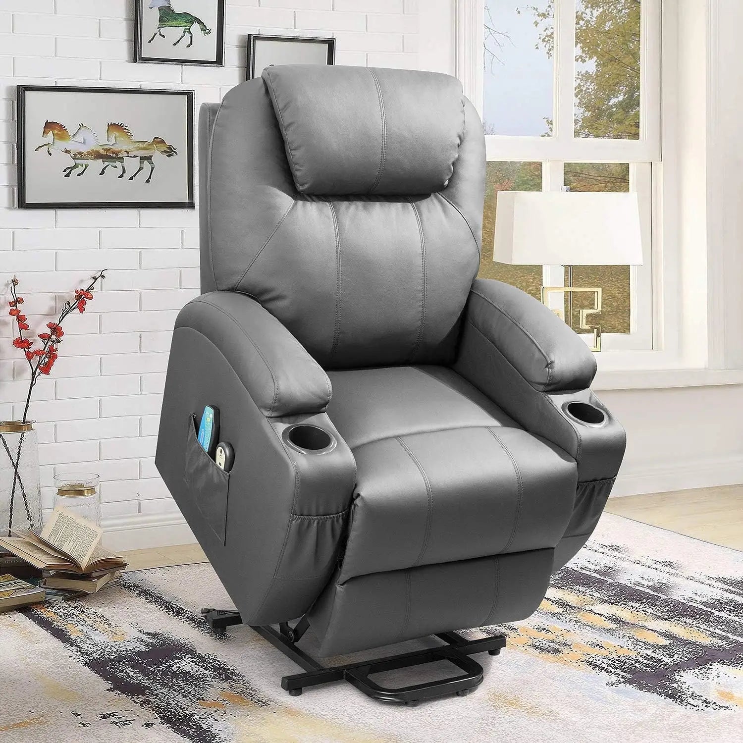 Power Lift Recliner Sofas with Massage, Ergonomic Lounge Chair Classic Single Sofa with 2 Cup Holders Side Pockets Theater Seat