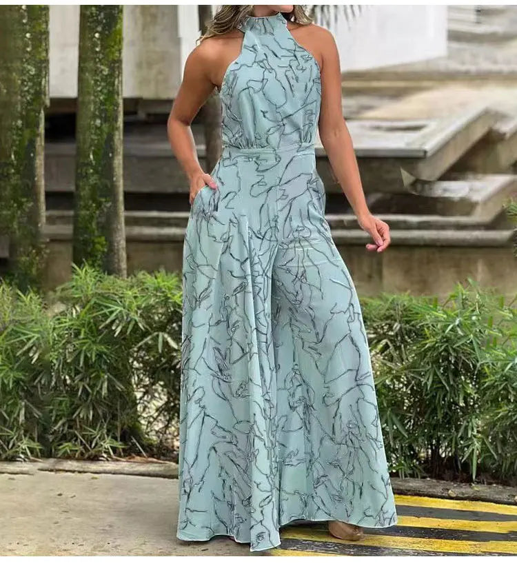 Women's Elegant Waist Halter Jumpsuit Casual Print Tie Sleeveless Wide Leg Long Pant Summer Clothing