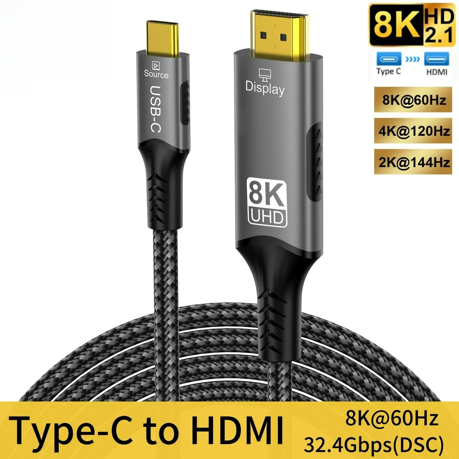 8k@60hz USB C to HDMI cable 4k@120hz Type C to HDMI 2.1 Thunderbolt 4 Compatible HDTV Cable for PC MacBook Pro HUAWEI