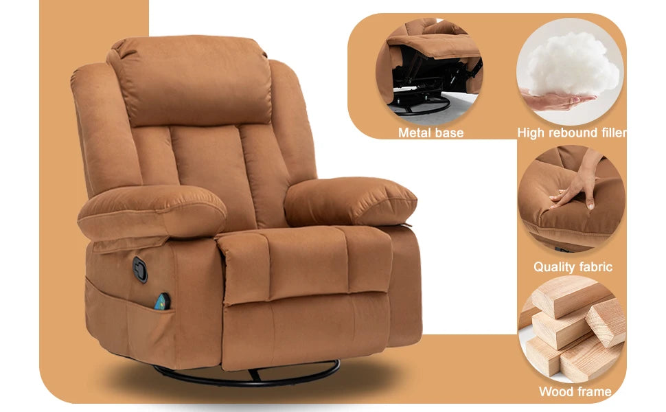 Rocker Recliner Chairs with Massage & Heat,360°Swivel Glider Nursery Manual Overstuffed Reclining Chair for Living Room