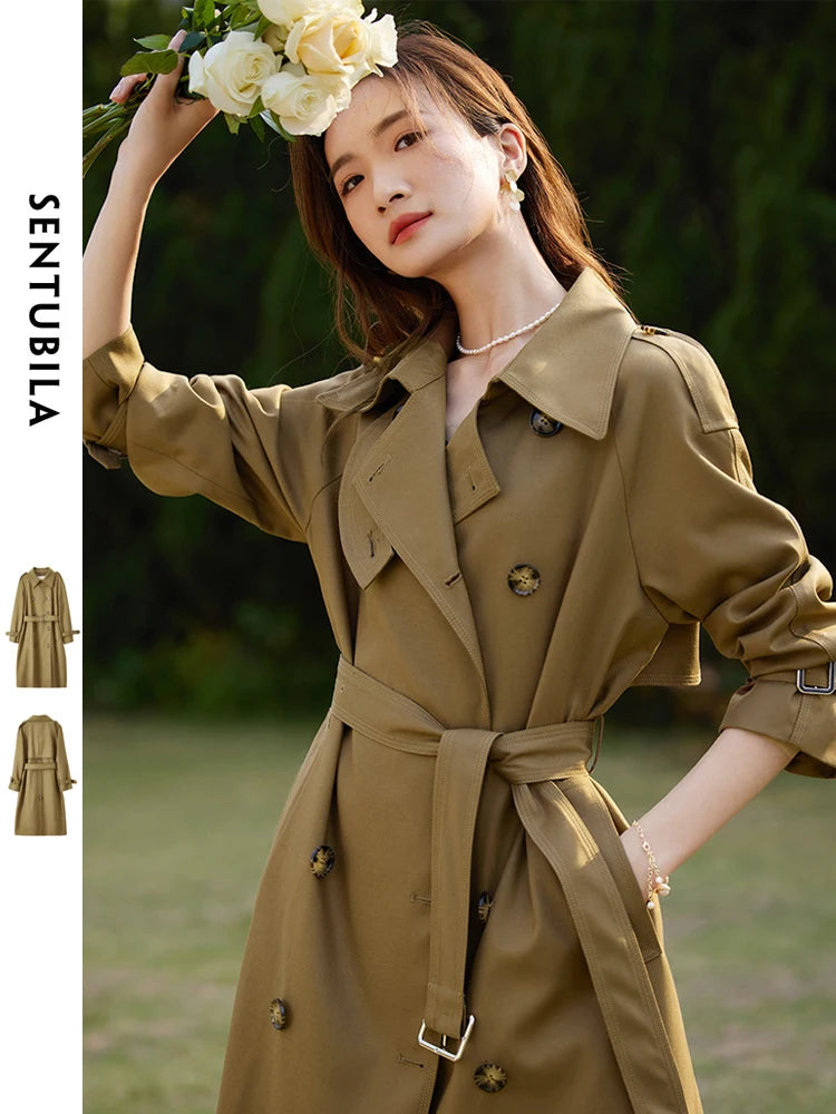 SENTUBILA Women's Belted Trench Coat Elegant Long Windbreaker Jacket Autumn Winter Double Breasted Maillard Outerwear
