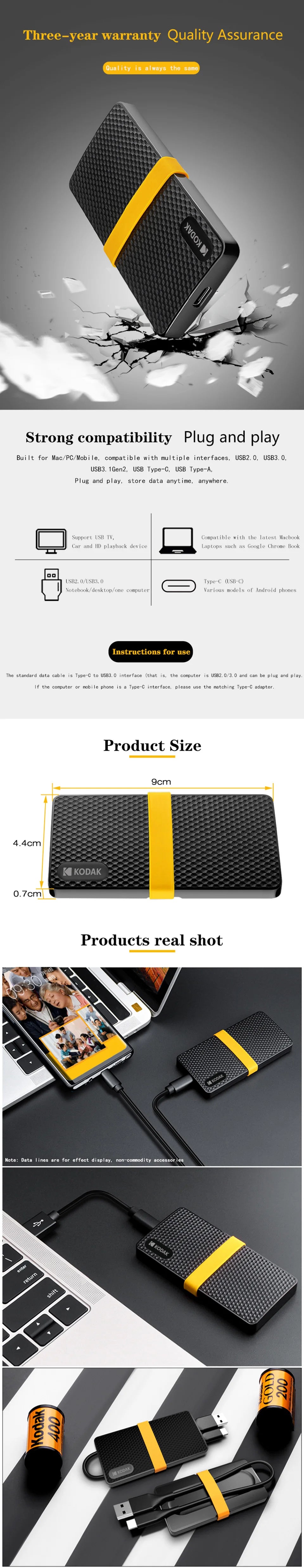 Kodak X200 Portable SSD 2TB 1TB USB 3.1 Type C External Drive Hard Disk 512GB 256GB Solid State Drive For PS4 Laptop Macbook PC