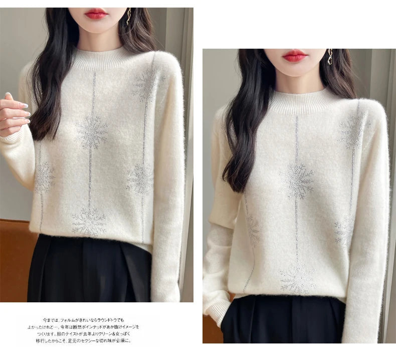 Diamond 100% Merino Wool Sweater 2024 New Women's Fashion Autumn/Winter Warm Hoodie Elegant Half High Collar Jumper Knitted Top