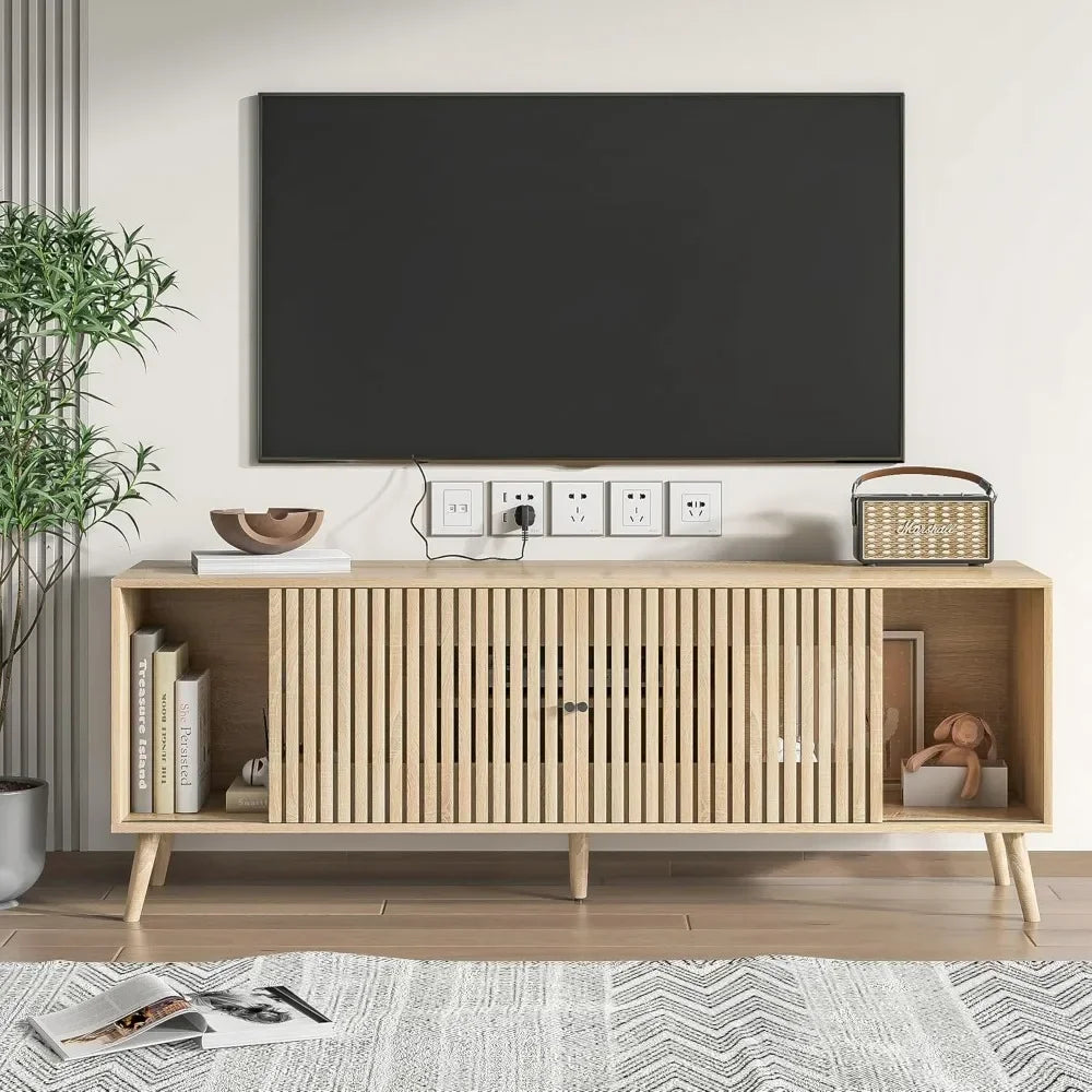 Mid Century Modern TV Stand for Televisions , with Sliding Doors and Storage, Television Stands, TV Consoles,