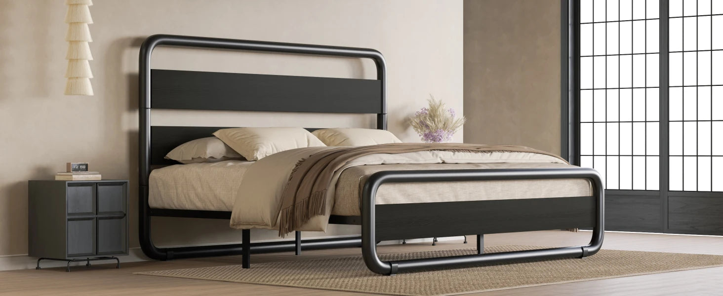 Queen Size Metal Bed Frame with Wooden Headboard , Heavy Duty Oval-Shaped Platform Bed with Under-Bed St