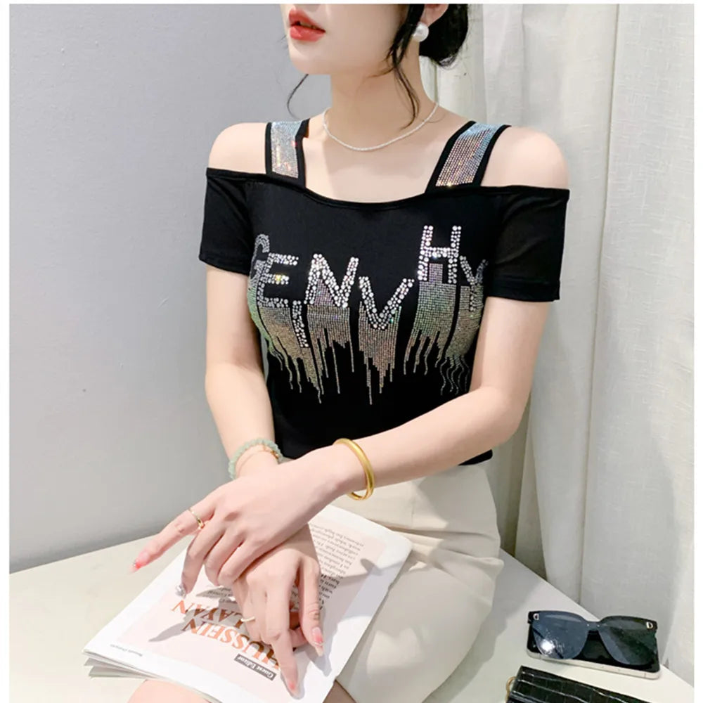 M-3XL Summer New Women's Letter Hot Diamonds T-shirt Clothes Sexy Off Shoulder Short Sleeve Tops Luxury Girl Mesh Slim Tees 2024