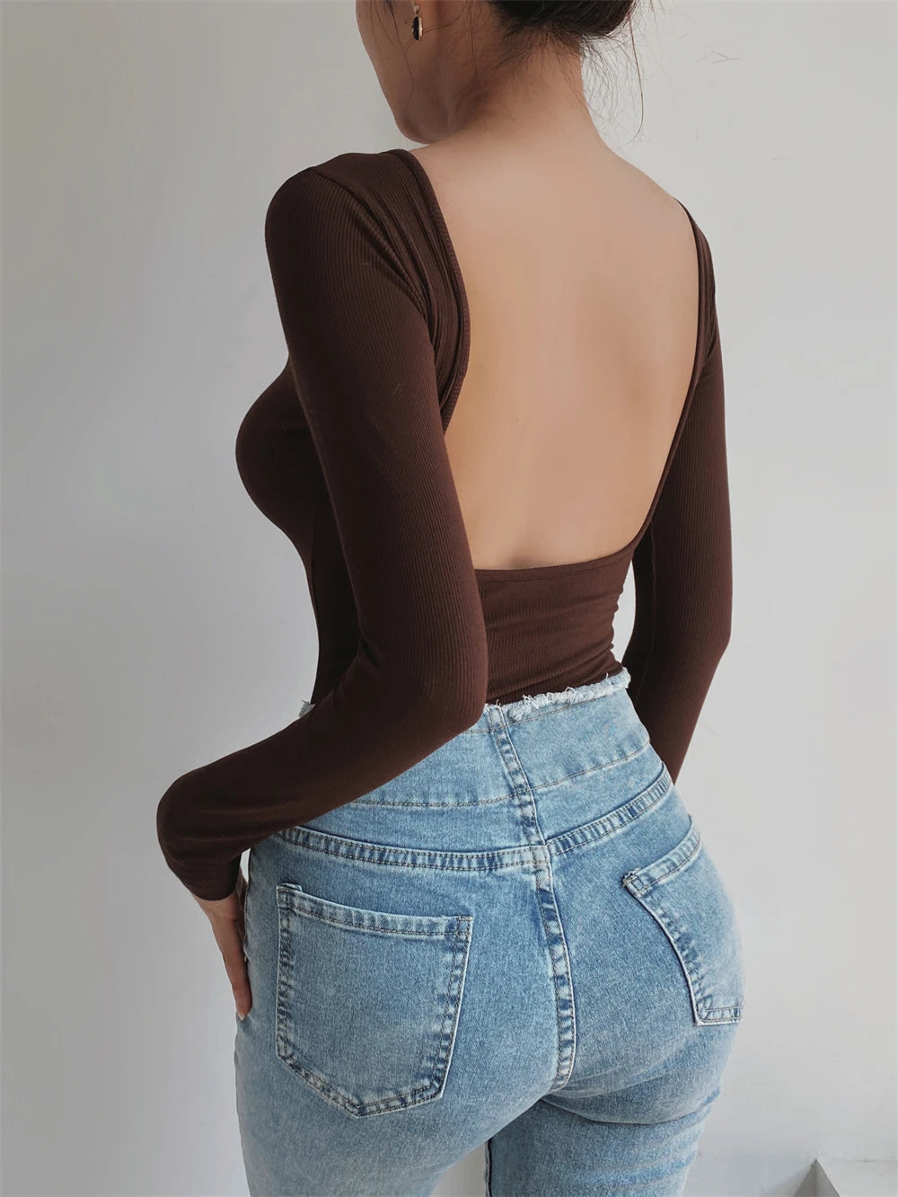 Women's Sexy Clothing Long-sleeve Solid Color Pullover One-Line Neck Backless Bodysuit Knitted Jumpsuit Top