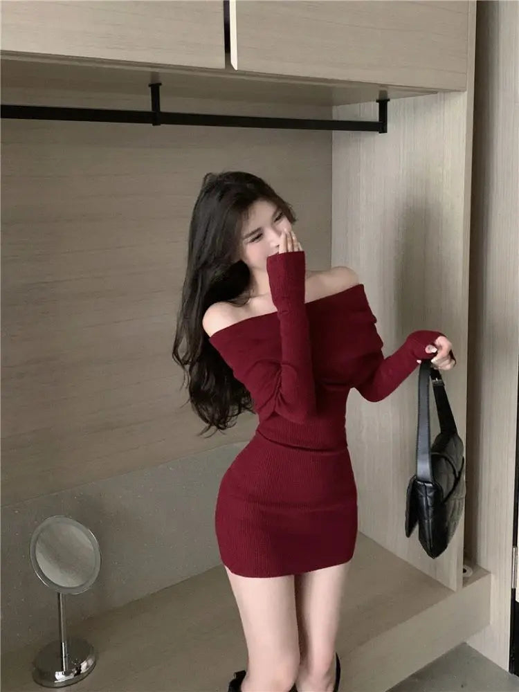 Black Off Shoulder Mini Dresses Elegant Long Sleeve Fashion Slim Sexy Women Autumn Winter Clothing Skinny Sweater Dress Bodycon