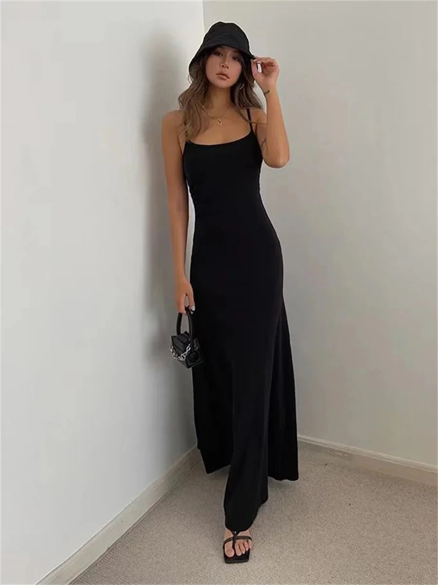 Woman Spring Summer Style Bodycon Dress Female Sexy Sleeveless Spaghetti Strap Split Sheath Dress Vestidos