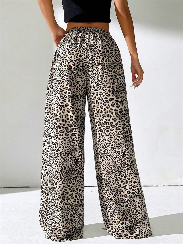 Women's Leopard Printed Drawstring Long Pants Autumn Winter 2024 Vintage Drawstring Elastic Waist Loose Trousers Streetwear