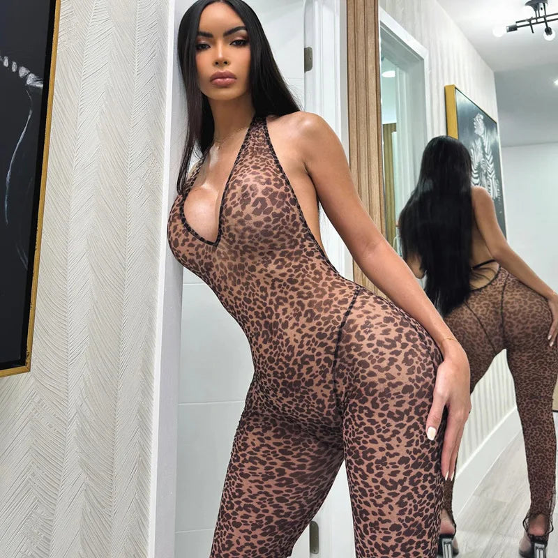 Joskaa Leopard Print Halter Jumpsuits Women Sexy Deep V-Neck Backles Bodycon One Piece Rompers 2024 Summer Vacation Outfits