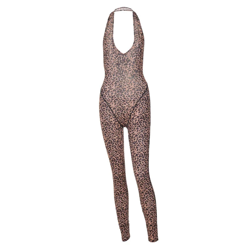 Joskaa Leopard Print Halter Jumpsuits Women Sexy Deep V-Neck Backles Bodycon One Piece Rompers 2024 Summer Vacation Outfits