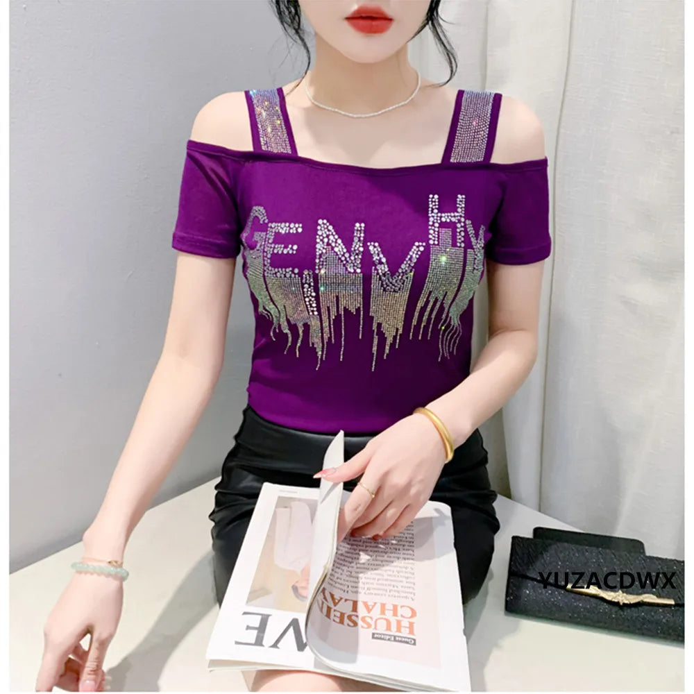 M-3XL Summer New Women's Letter Hot Diamonds T-shirt Clothes Sexy Off Shoulder Short Sleeve Tops Luxury Girl Mesh Slim Tees 2024