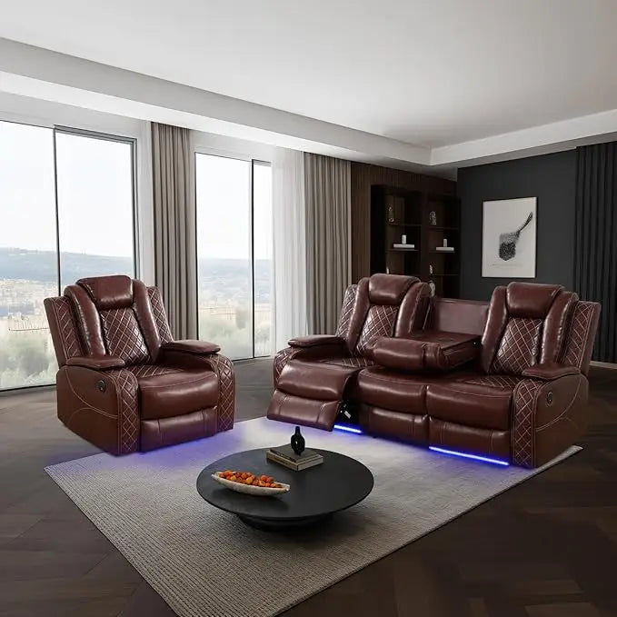 Recliner Sofa Set, Power Reclining Sofa With Drop-Down Table/Double Recliner Loveseat With Storage Console, Theater Recliner