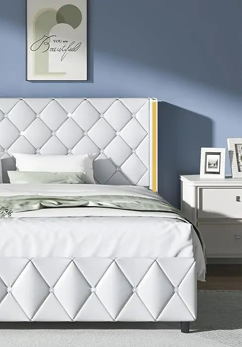 Queen Bed Frame, Upholstered Bed Frame Queen Size with Diamond Tufted Headboard, Faux Leather Headboard & , Wood