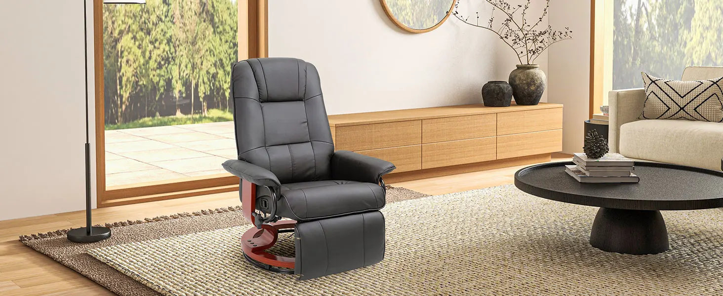 Faux Leather Manual Recliner, Adjustable Swivel Lounge Chair with Footrest, Armrest and Wrapped Wood Base for Living Room, Black