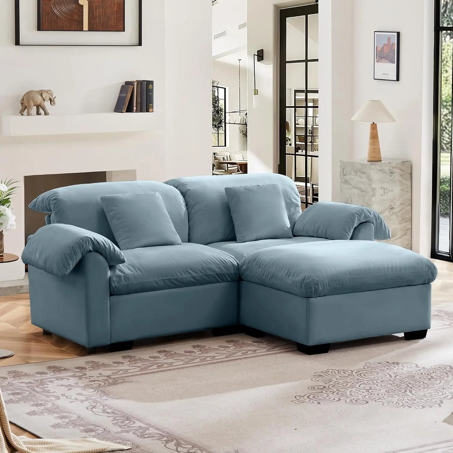 Loveseat Sofa for Living Room, Deep Seat Sectional Sofa Cloud Couch with Storage Ottoman, Modern Comfy Upholstered Velvet