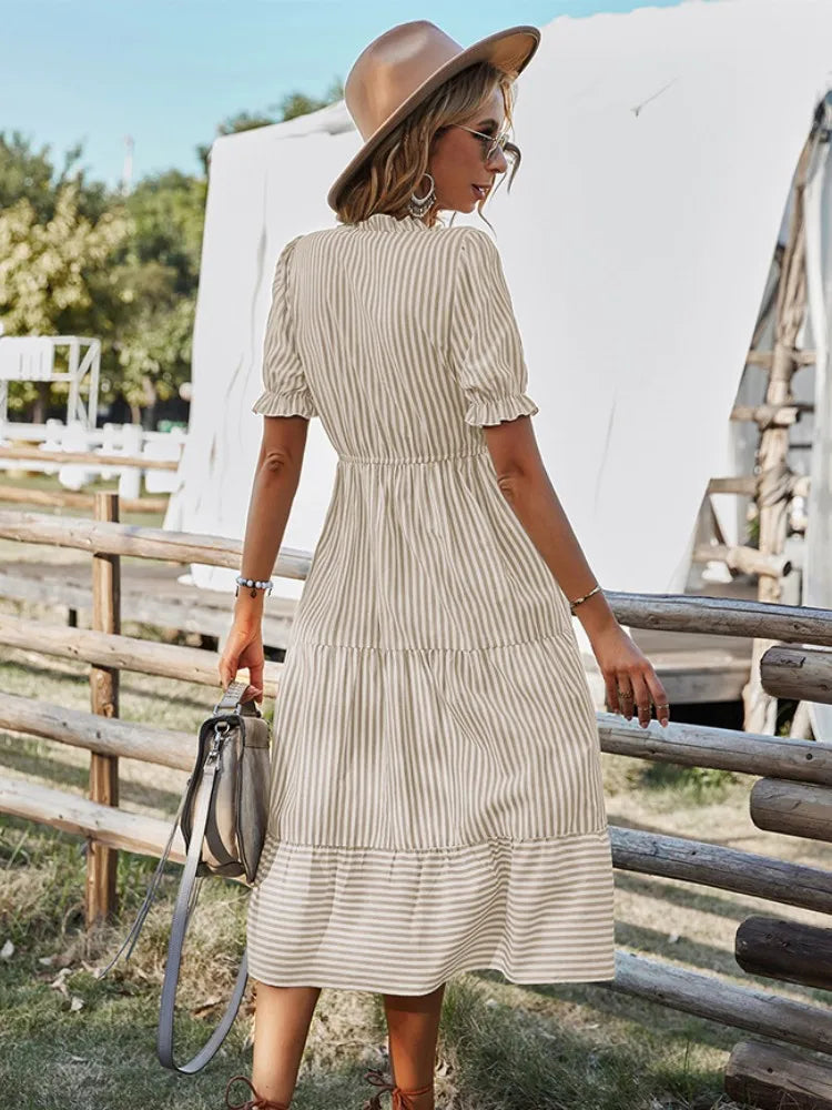 Women Elegant Striped Lantern Sleeve Summer Dress Causal V-neck Button Ruffles Midi Dress 2023 Women Beach Holiday Party Dress