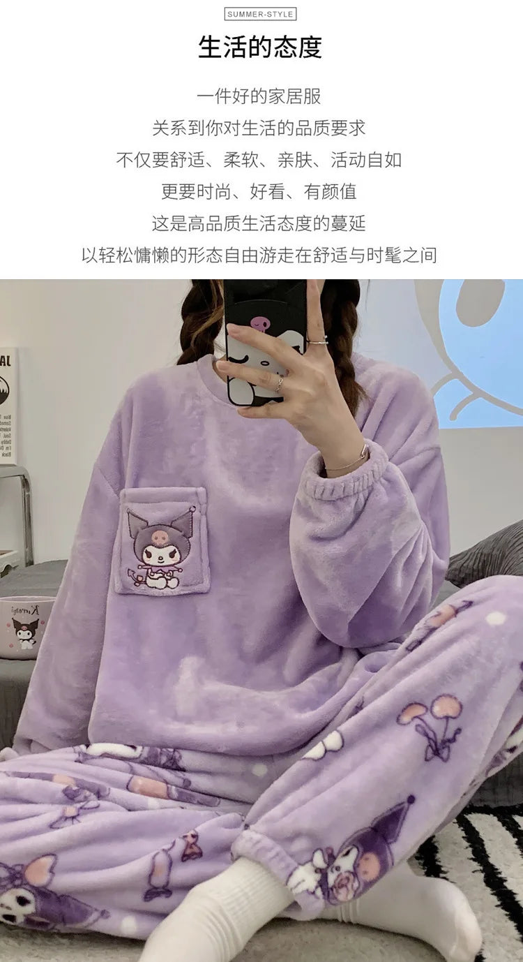 New Sanrio Kuromi Pajama Sets Women Winter Warm Plush Cute Sleepwear Print Pajama Cartoon Home Clothes Valentine'S Day Gift Soft