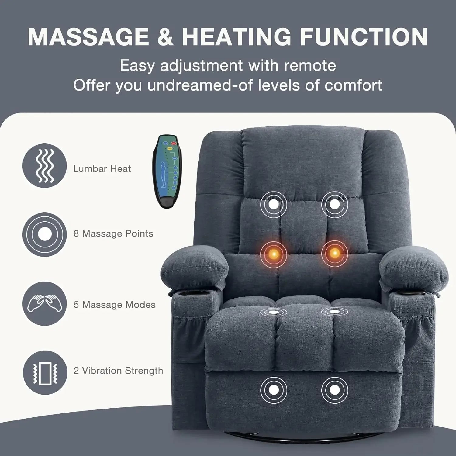 Swivel Rocker Recliner Chair with Vibration Massage and Heat Ergonomic Lounge Chair for Living Room with Rocking