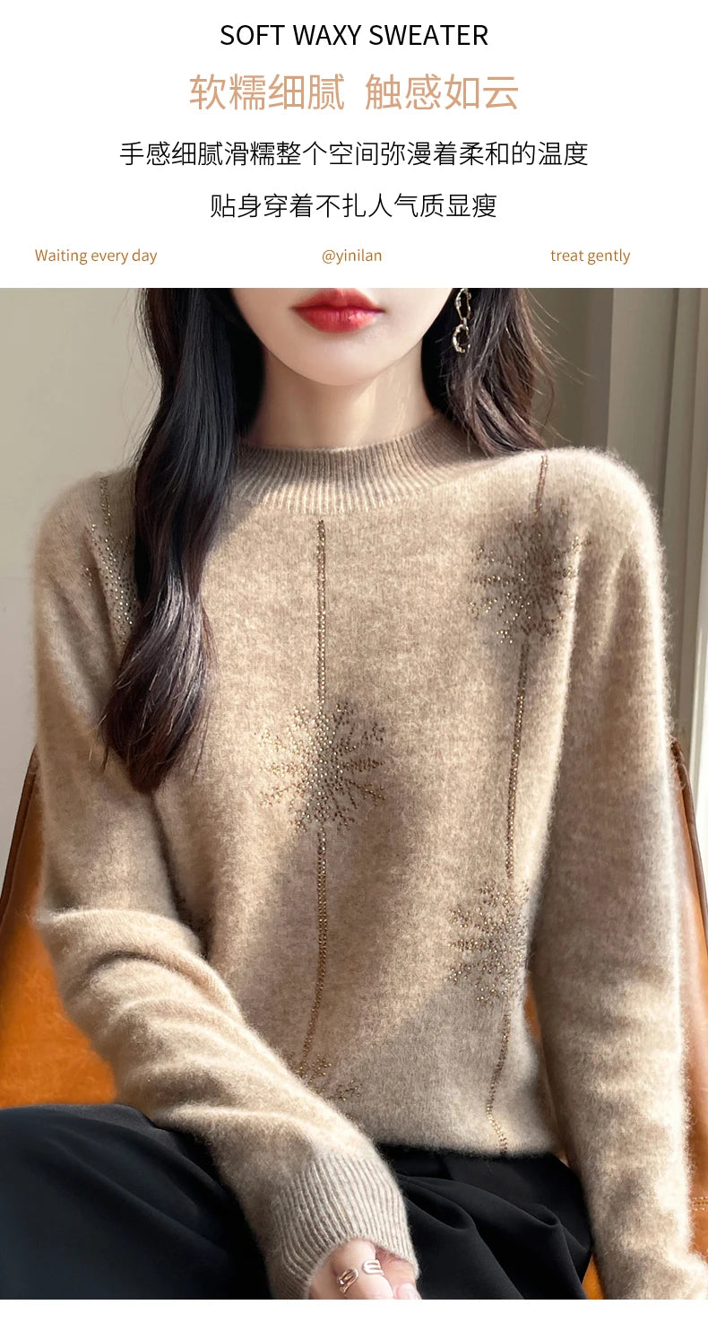 Diamond 100% Merino Wool Sweater 2024 New Women's Fashion Autumn/Winter Warm Hoodie Elegant Half High Collar Jumper Knitted Top