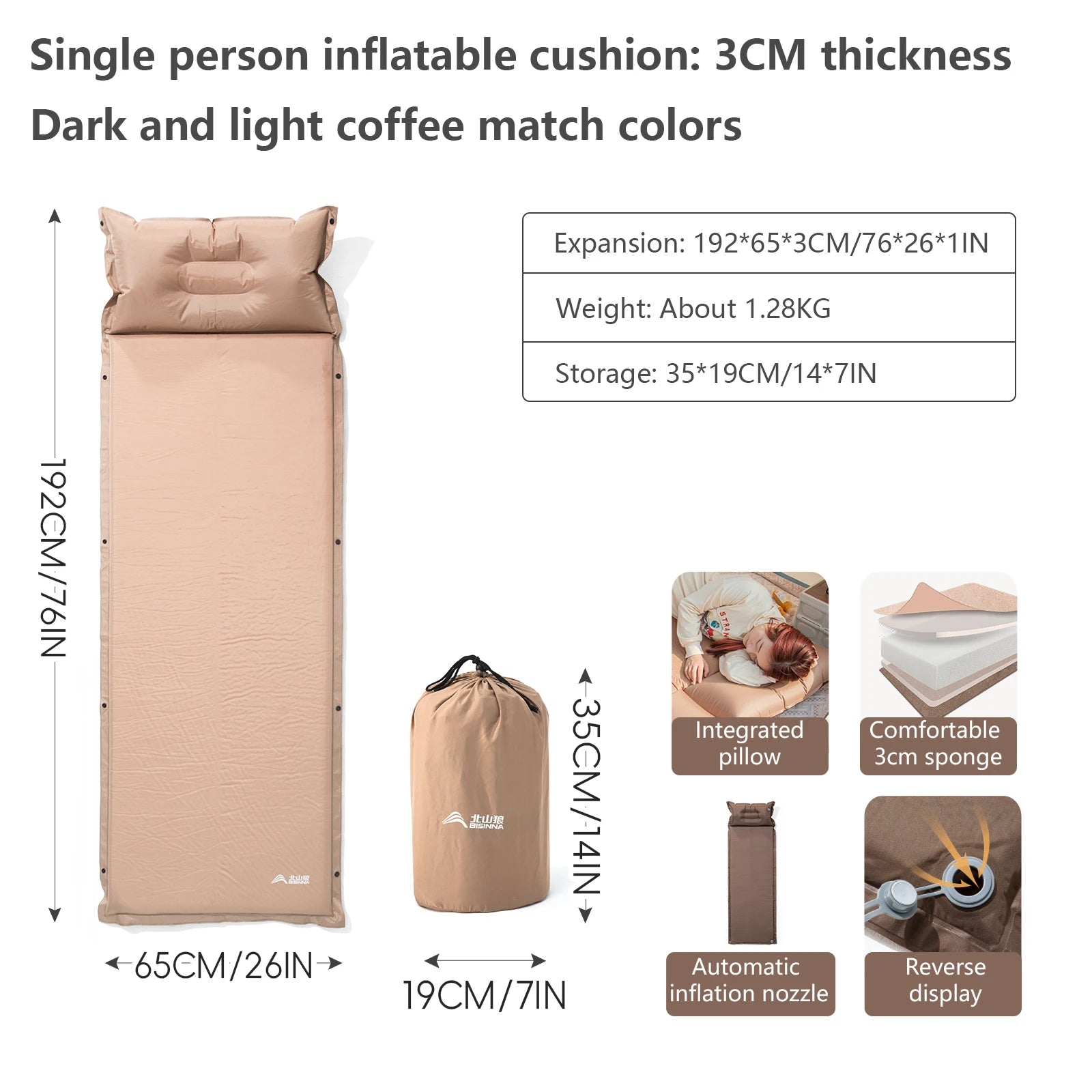 BISINNA Outdoor Self-inflating Mattress Camping Inflatable Sleeping Pad Splicable Ultralight Air Mat for Travel Hiking Picnic
