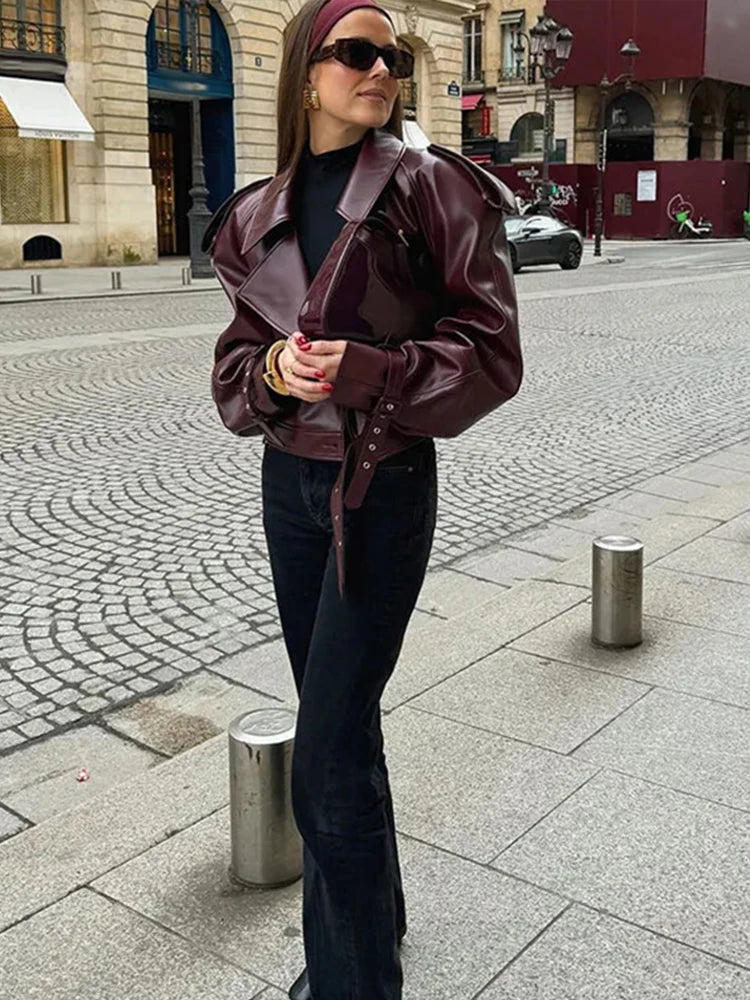 Elegant Turn-Down Collar Leather Jacket