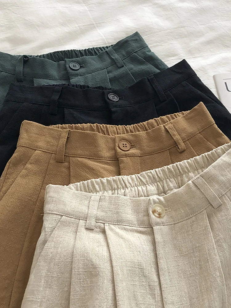 Fitshinling Line Cotton Shorts For Women 2024 New In Fashion Vintage High Waist Short Femme Clothing Solid Slim Pleated Pants