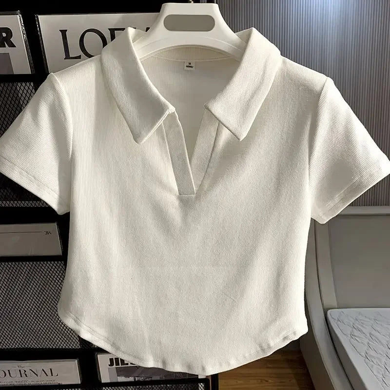 Loves Embroidery T-shirt Polo Collar Orthoshoulder Slim Hotsweet Women's Crop Top Korean Fashion Hottie Simple Casual Wholesale