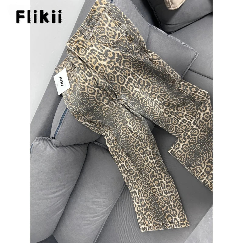 American Retro Leopard High Waist Baggy Jeans Women's Casual Pockets Hip-hop Pants 2024 Spring Y2K Oversiz Panther Denim Trouser