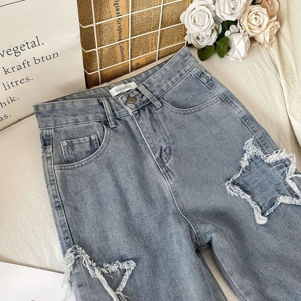 High Waist Straight Leg Loose Fitting Jeans with Stars