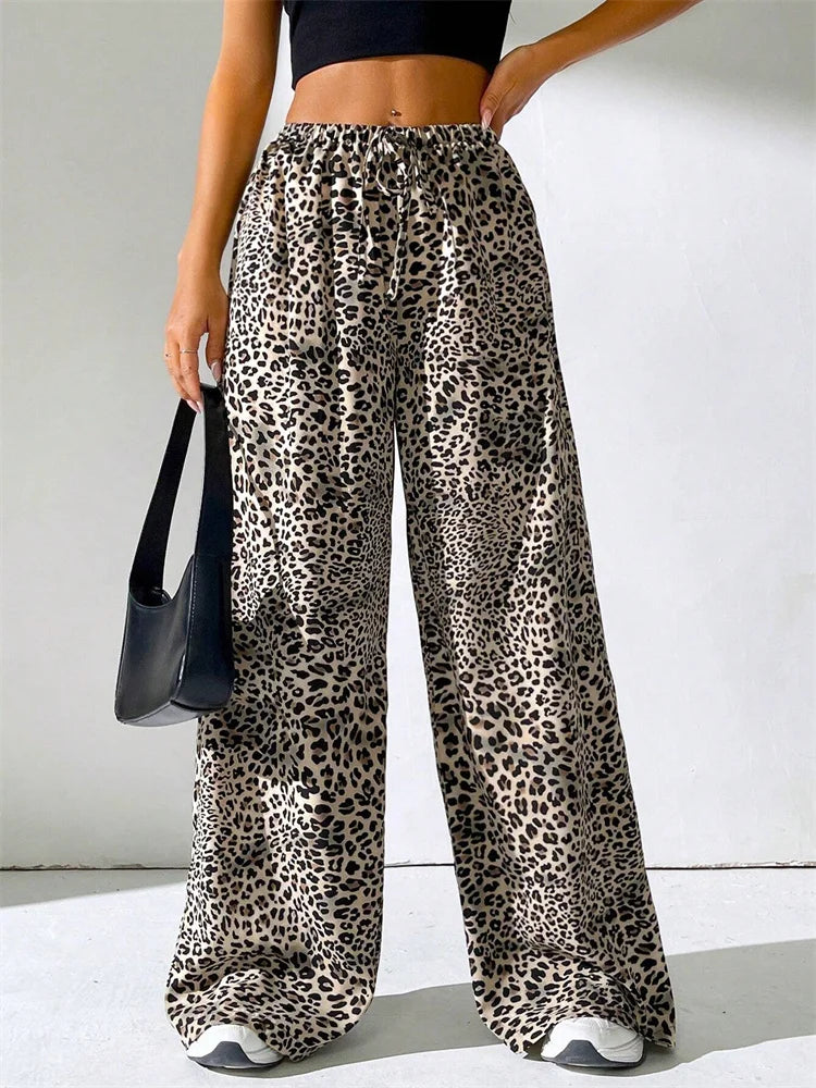 Women's Leopard Printed Drawstring Long Pants Autumn Winter 2024 Vintage Drawstring Elastic Waist Loose Trousers Streetwear