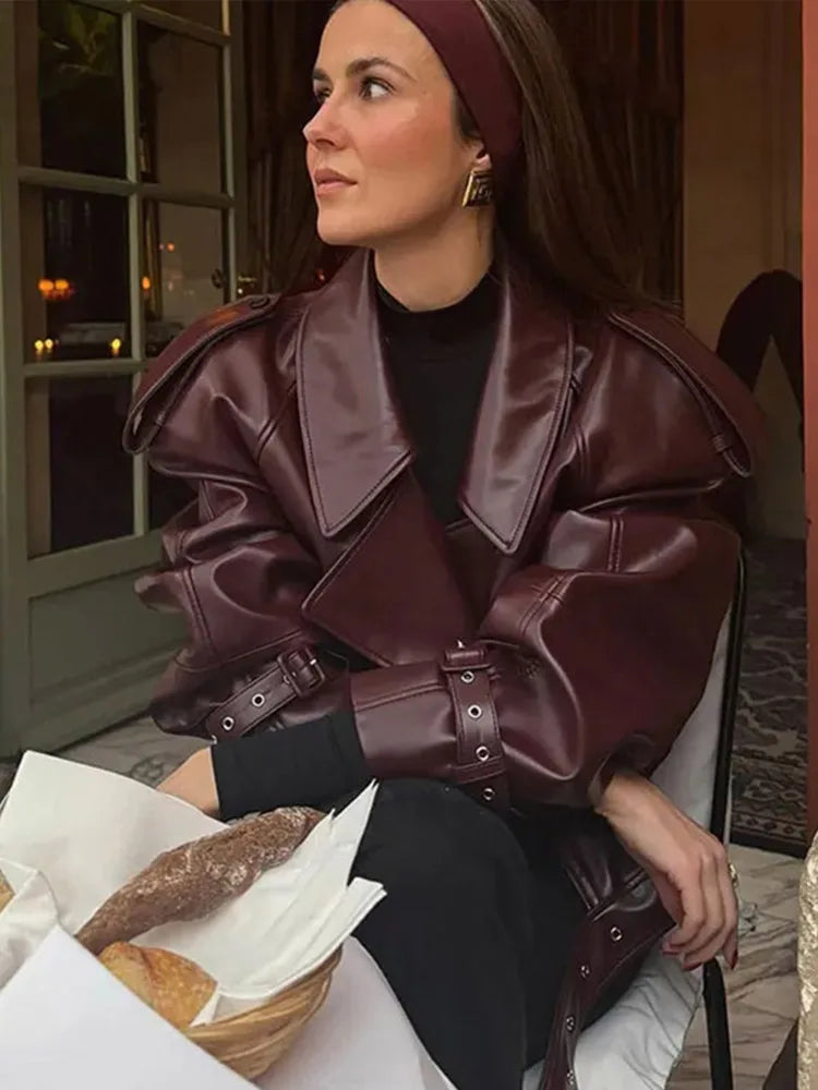 Elegant Turn-Down Collar Leather Jacket