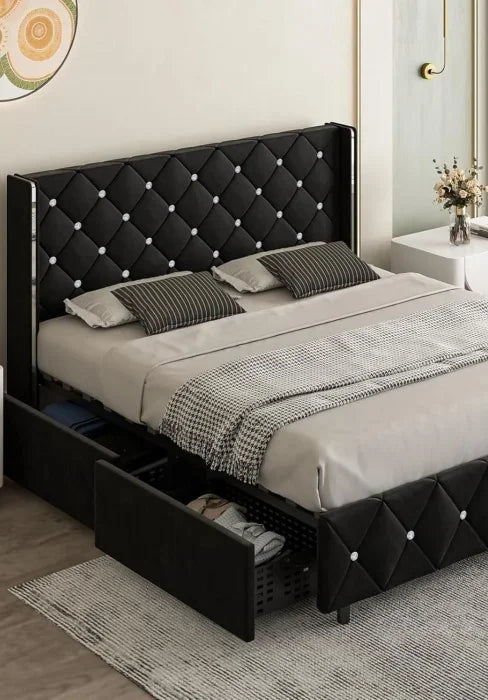 Queen Bed Frame, Upholstered Bed Frame Queen Size with Diamond Tufted Headboard, Faux Leather Headboard & , Wood