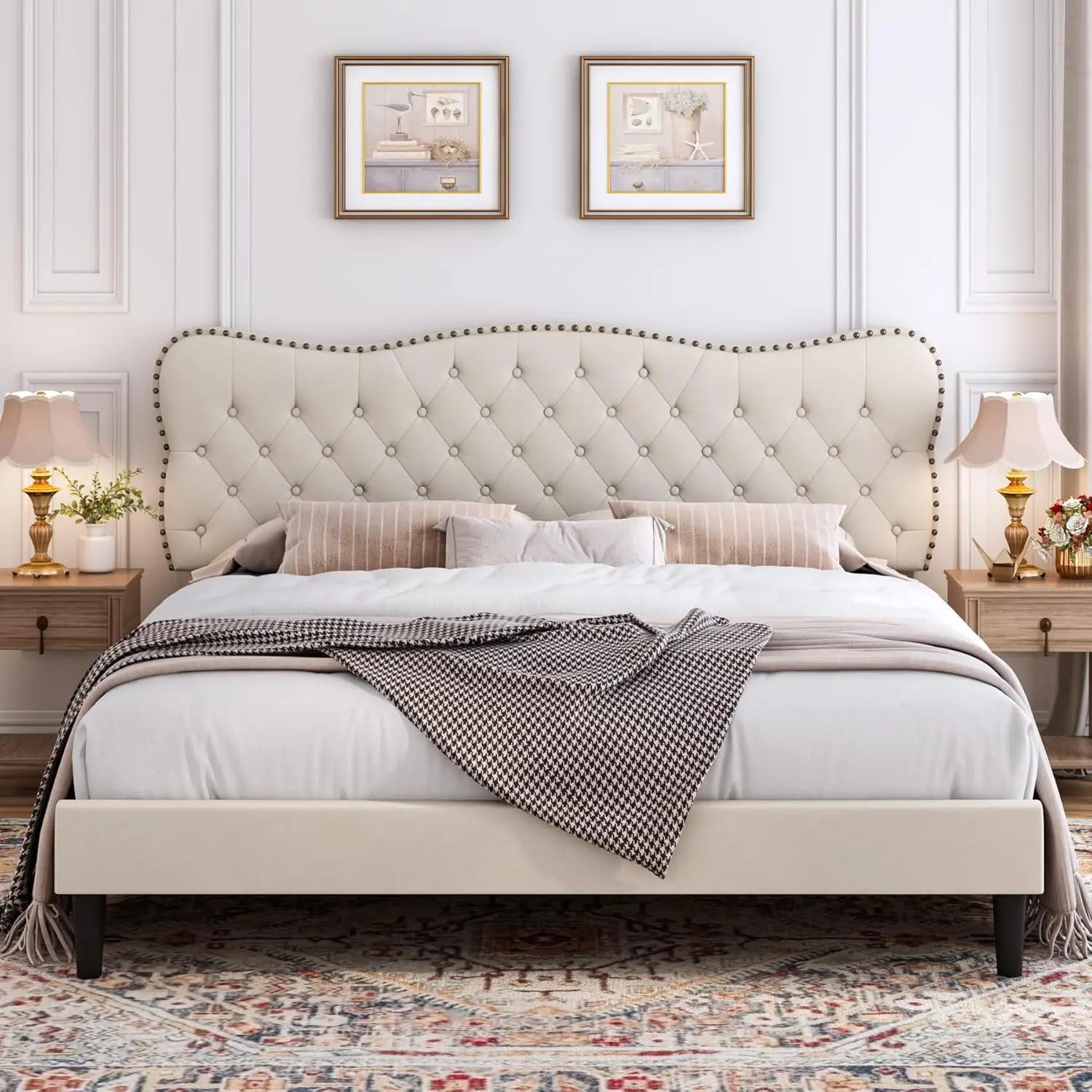 King Size Bed Frame, Linen Fabric Upholstered Platform with Adjustable Headboard, Diamond Tufted Mattress Foundation