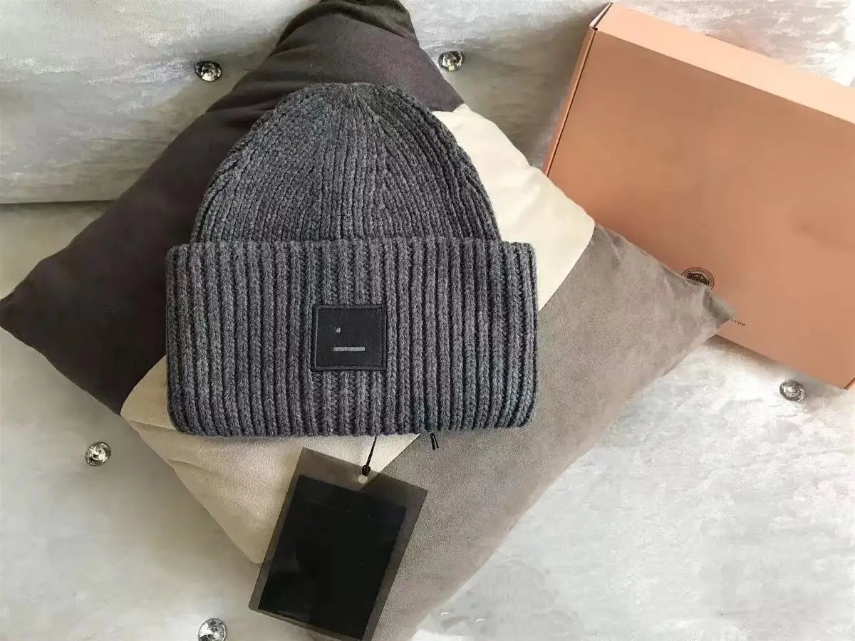 2025Warm and Cozy Knitted Beanie with Square Labels - Scandinavian Style Wool Cold Weather Hat
