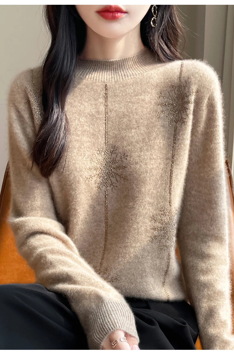 Diamond 100% Merino Wool Sweater 2024 New Women's Fashion Autumn/Winter Warm Hoodie Elegant Half High Collar Jumper Knitted Top